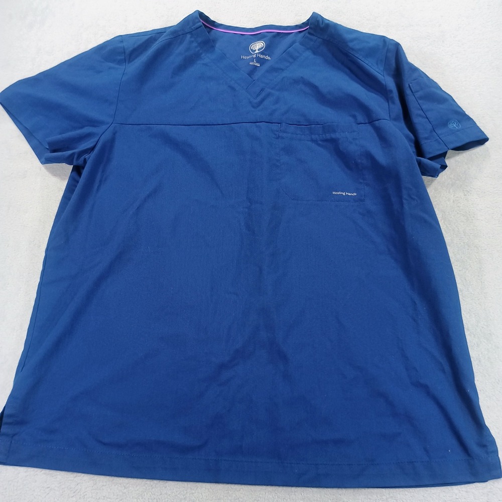 Healing Hands Womens V-Neck Scrub Top Blue Large Chest Pocket